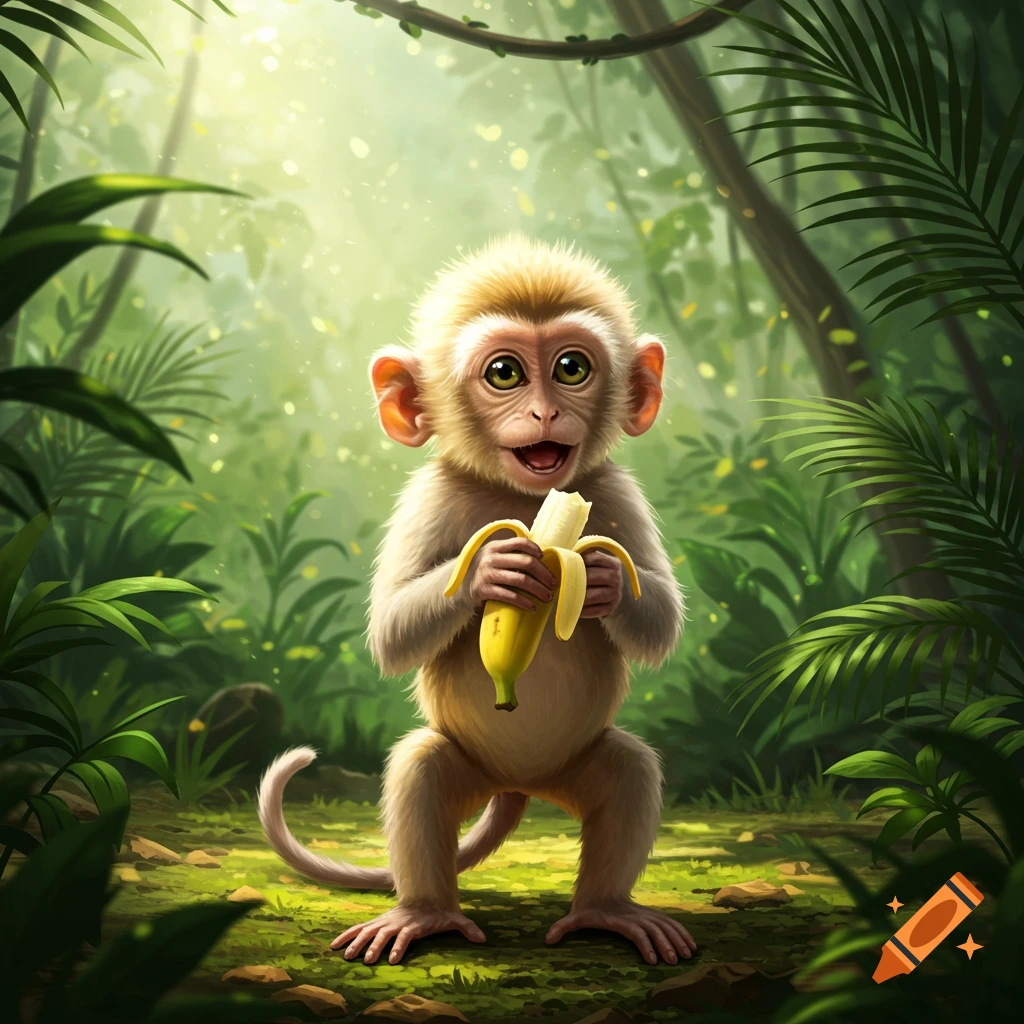 A cute, light-furred baby monkey stands in a lush jungle, happily holding and peeling a banana.