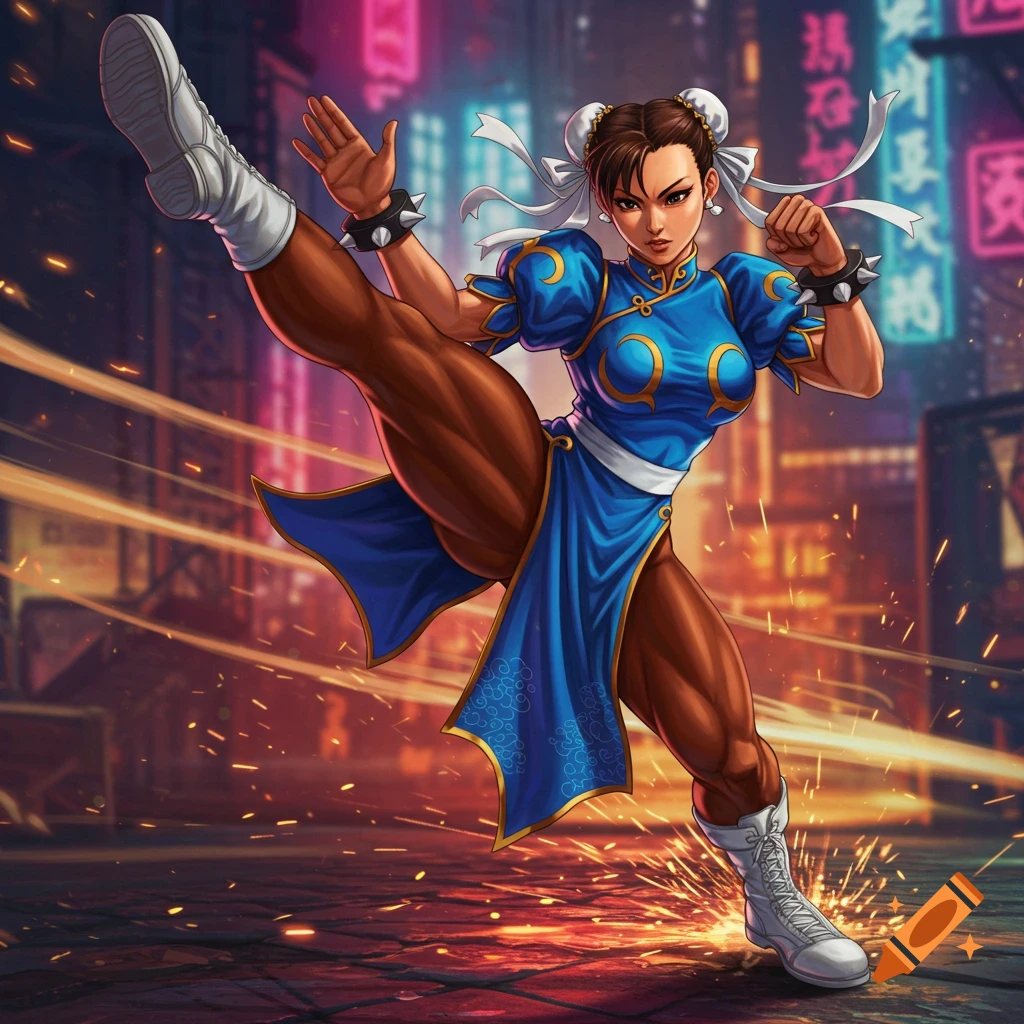 Chun-Li in her blue qipao performs a high kick on a gritty street with neon signs and sparks, in an anime-inspired style.