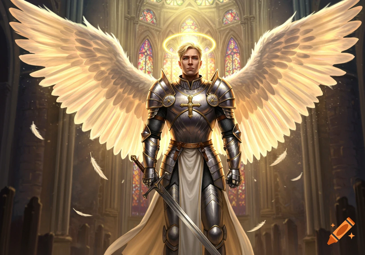 A male angel in shining silver armor with a halo and large white wings stands in a grand cathedral with stained glass windows, holding a sword.