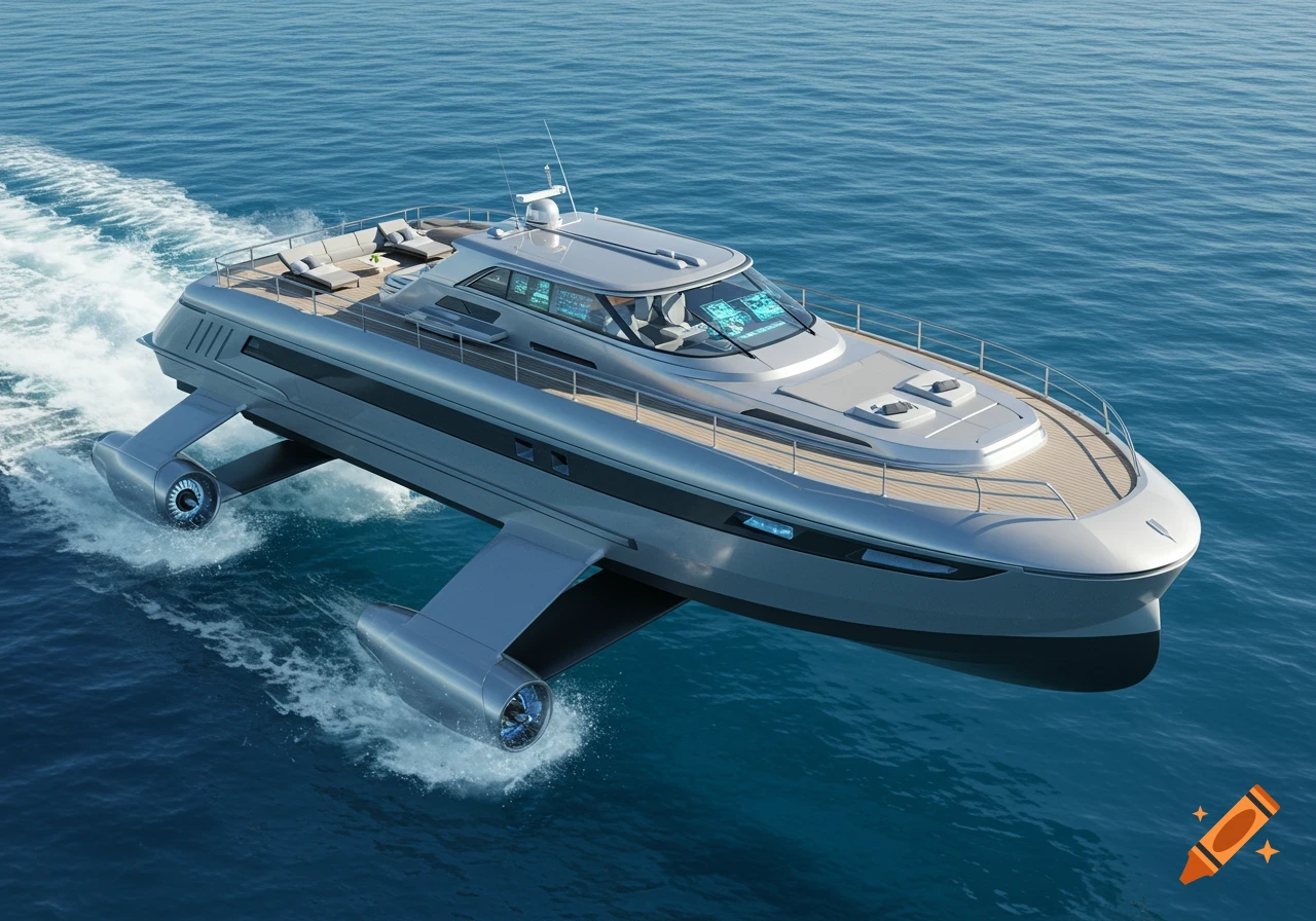A sleek, futuristic ground effect vehicle yacht with jet engines skims across a calm blue ocean, leaving a white wake.