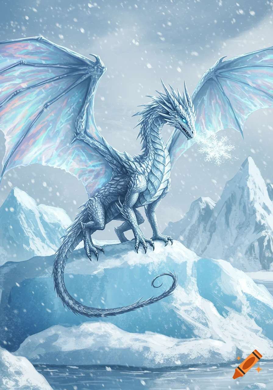 A majestic ice dragon with blue eyes and iridescent wings breathes a snowflake while standing on snowy mountains.