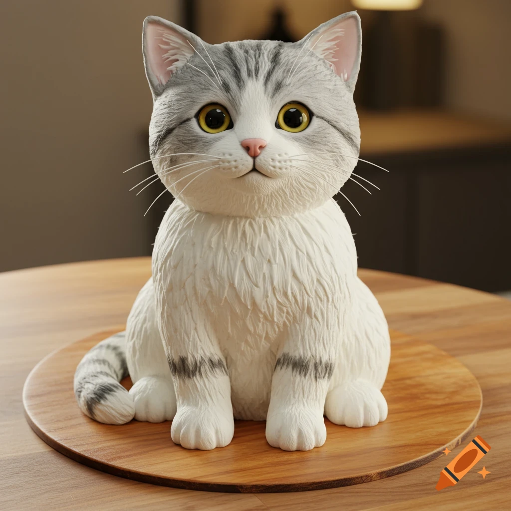 A photorealistic cat cake with white and grey tabby markings and large yellow eyes, sitting on a round wooden board.