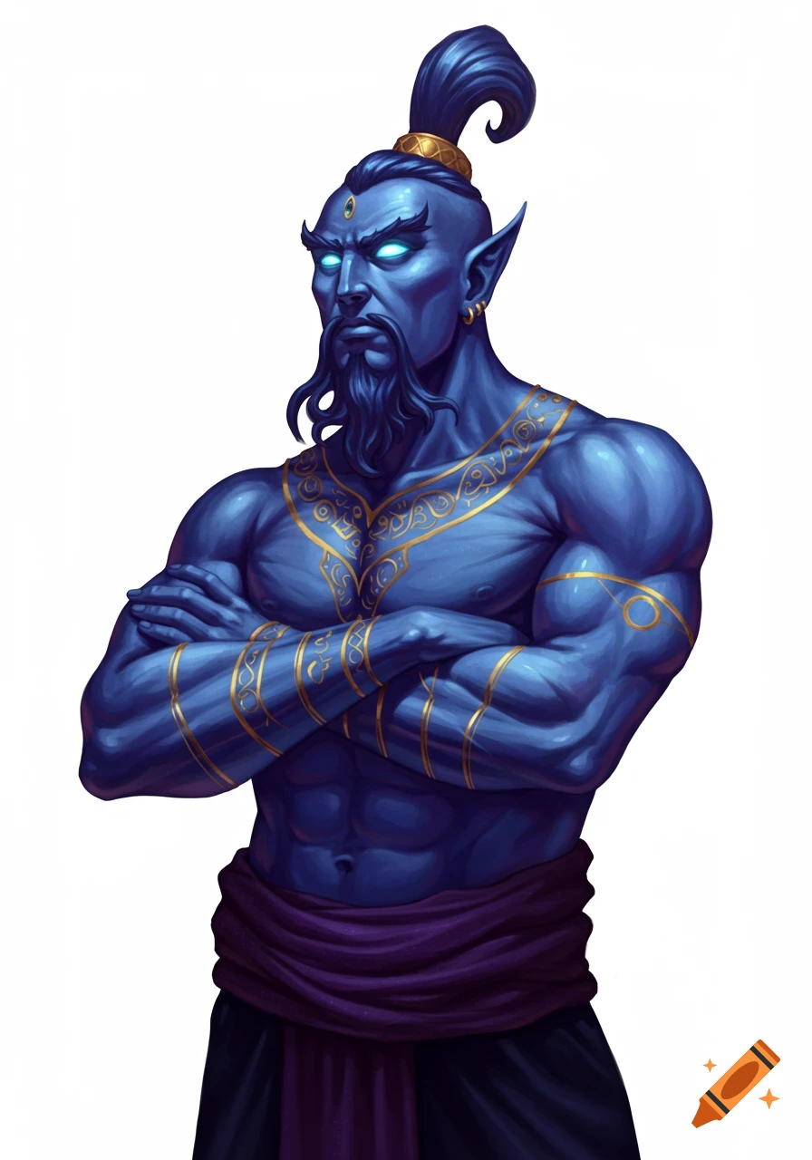A muscular blue-skinned Djinn with glowing eyes, beard, and golden tattoos, standing with arms crossed in a stylized illustration.