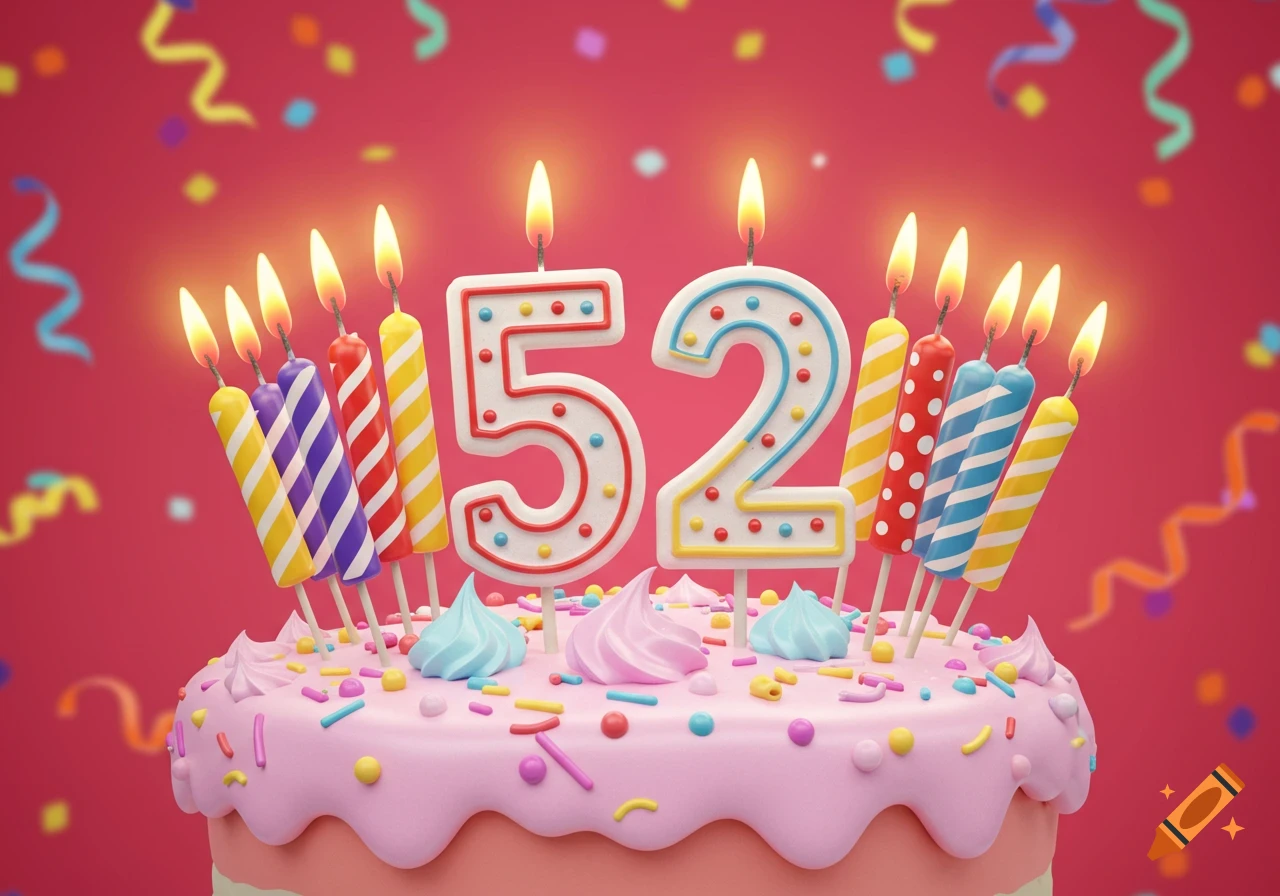 A festive pink birthday cake with '52' number candles, colorful lit candles, sprinkles, and confetti.