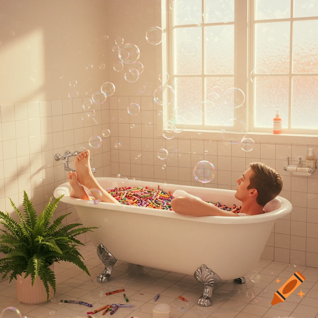 A man relaxes in a bathtub filled with colorful crayons and bubbles in a sunlit bathroom.
