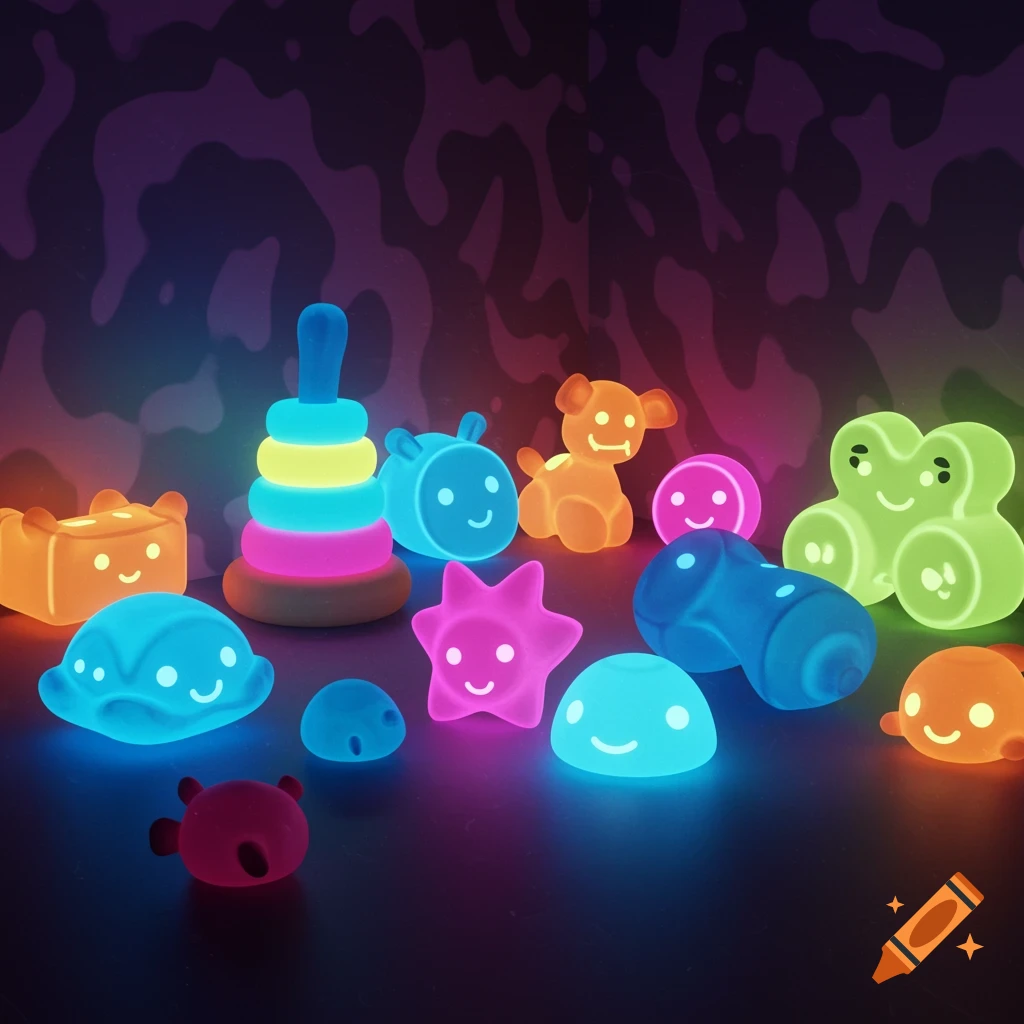 A collection of colorful neon glowing baby toys, including a stacking ring, animals, and other shapes, on a dark surface.