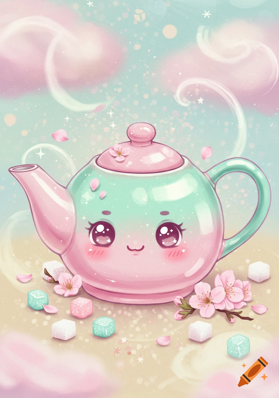 A cute pink and mint green kawaii teapot with big sparkling eyes, surrounded by cherry blossoms, petals, and pastel sugar cubes on a dreamy pastel background.