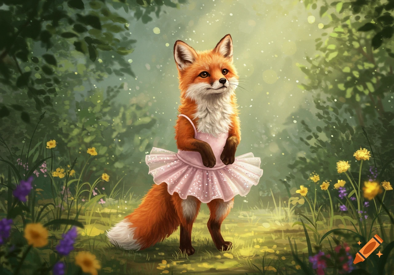 A cute, illustrated fox in a pink tutu stands in a bright, sparkling forest setting.