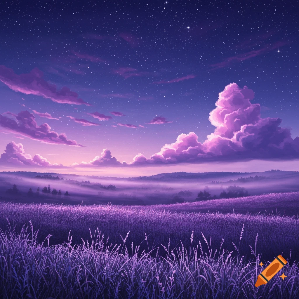 A vibrant purple and pink landscape with a field of tall grass, misty hills, and a sky filled with fluffy clouds and stars.