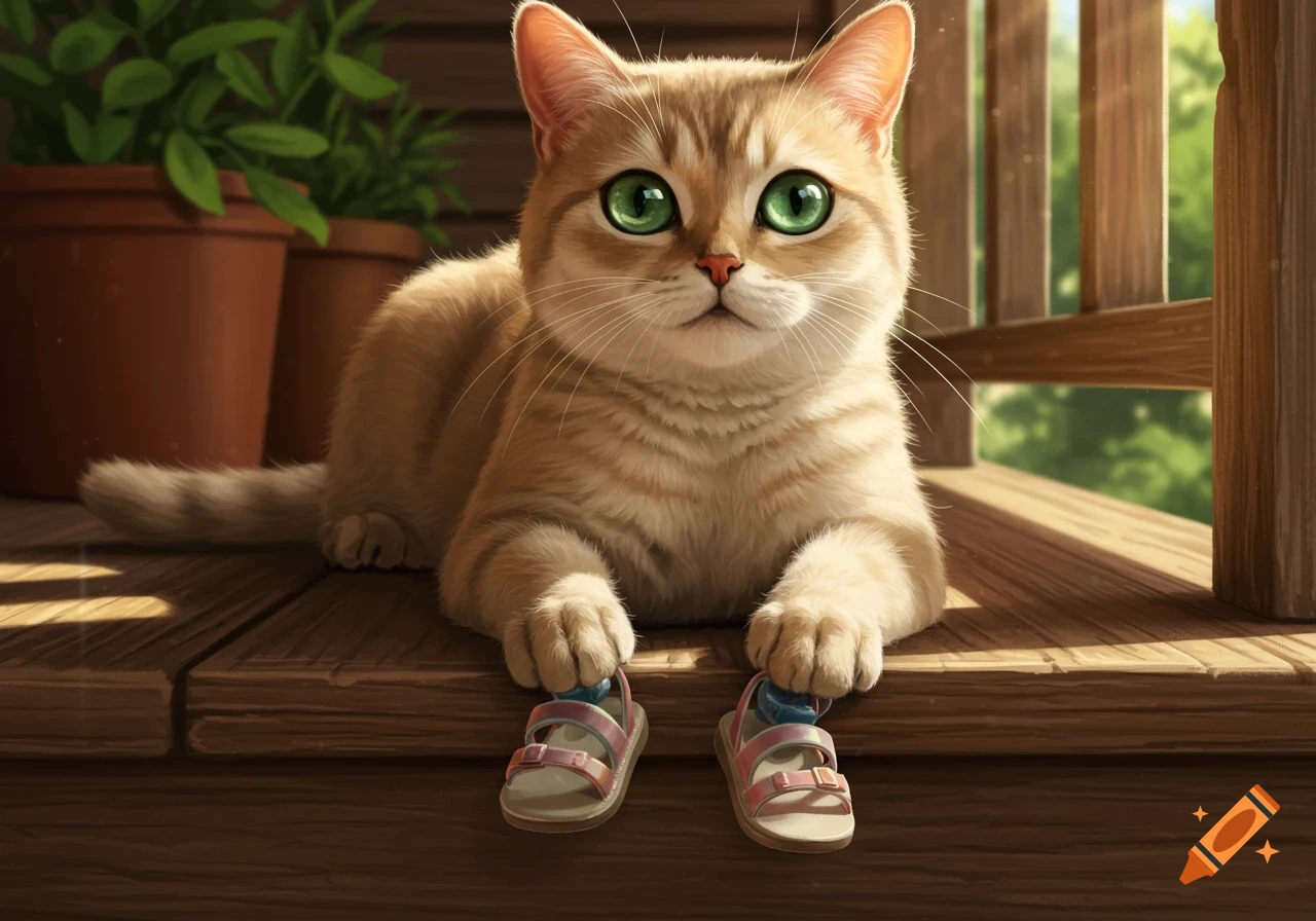 A realistic orange tabby cat with big green eyes lies on a wooden porch, holding pink and blue sandals with its paws.