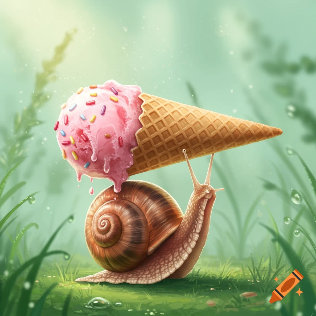 A cute snail carries a large pink ice cream cone with sprinkles on its shell, walking through lush green grass with dew drops.