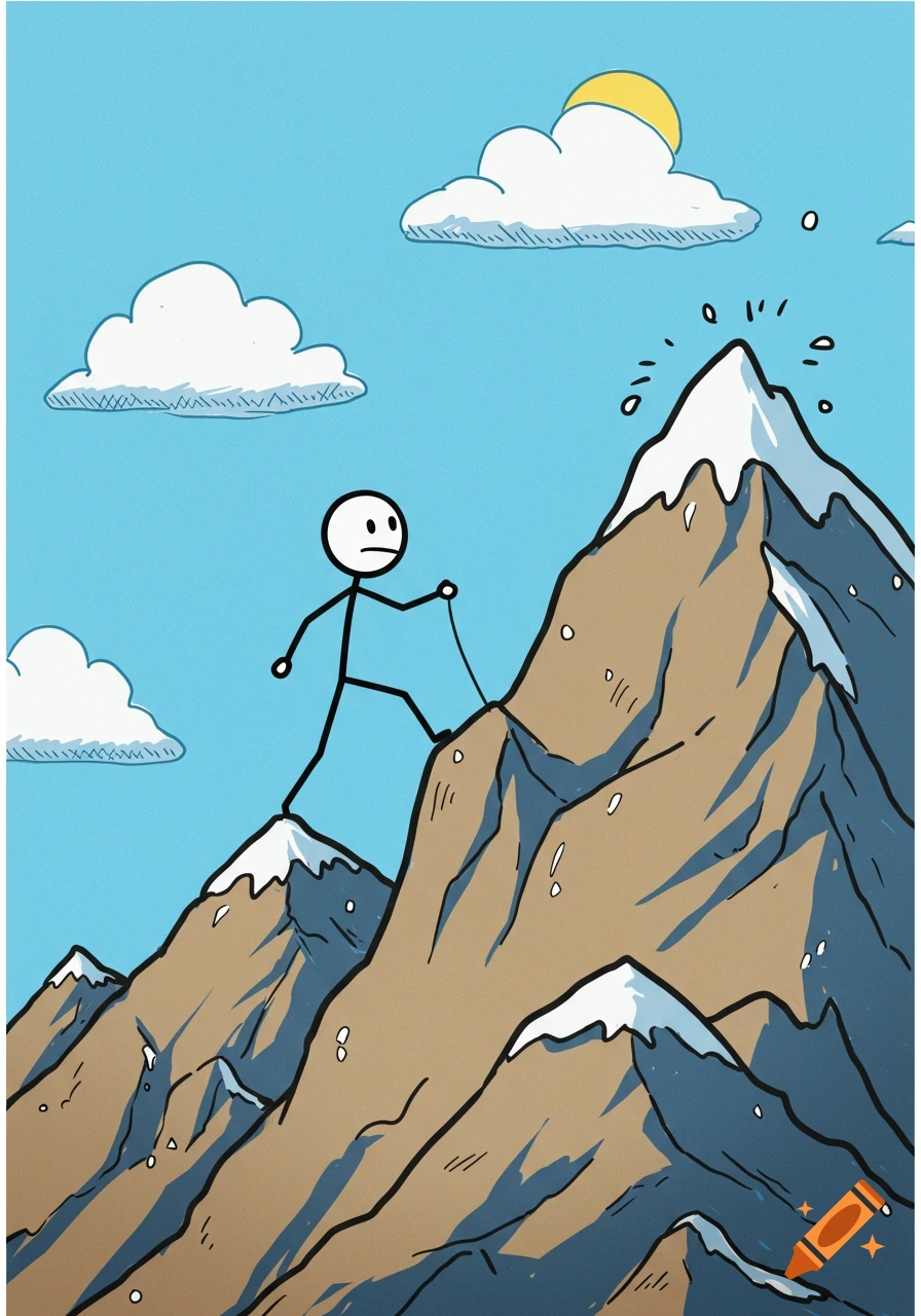 A hand-drawn cartoon features a stick figure climbing a brown mountain with snow-capped peaks under a blue sky with clouds and a yellow sun.