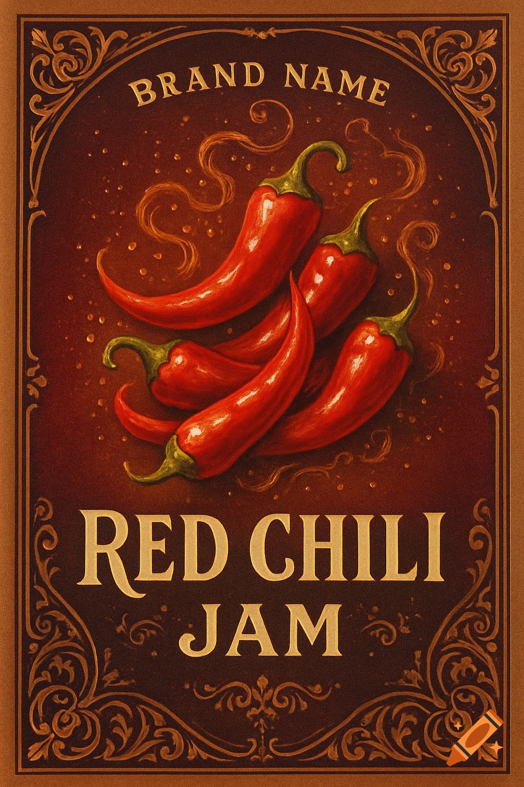 A vintage-style label for Red Chili Jam with red chili peppers and ornate gold borders.
