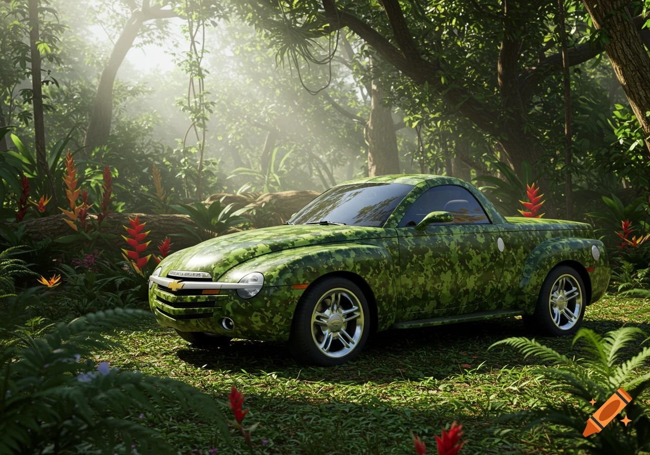 A green camouflage Chevrolet SSR truck is parked on the forest floor in a lush, sunlit jungle.
