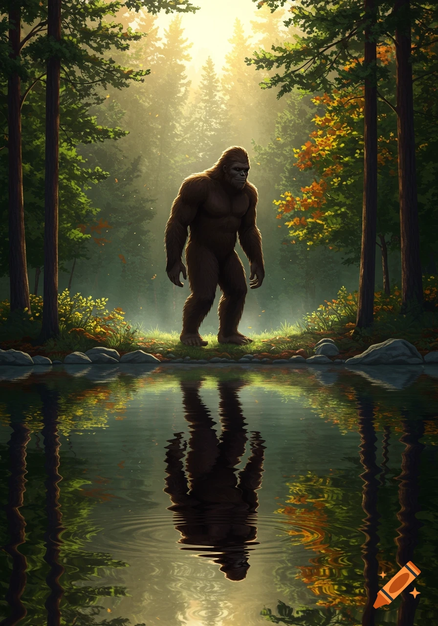 Bigfoot stands at the edge of a sunlit forest lake, looking at his reflection in the water.