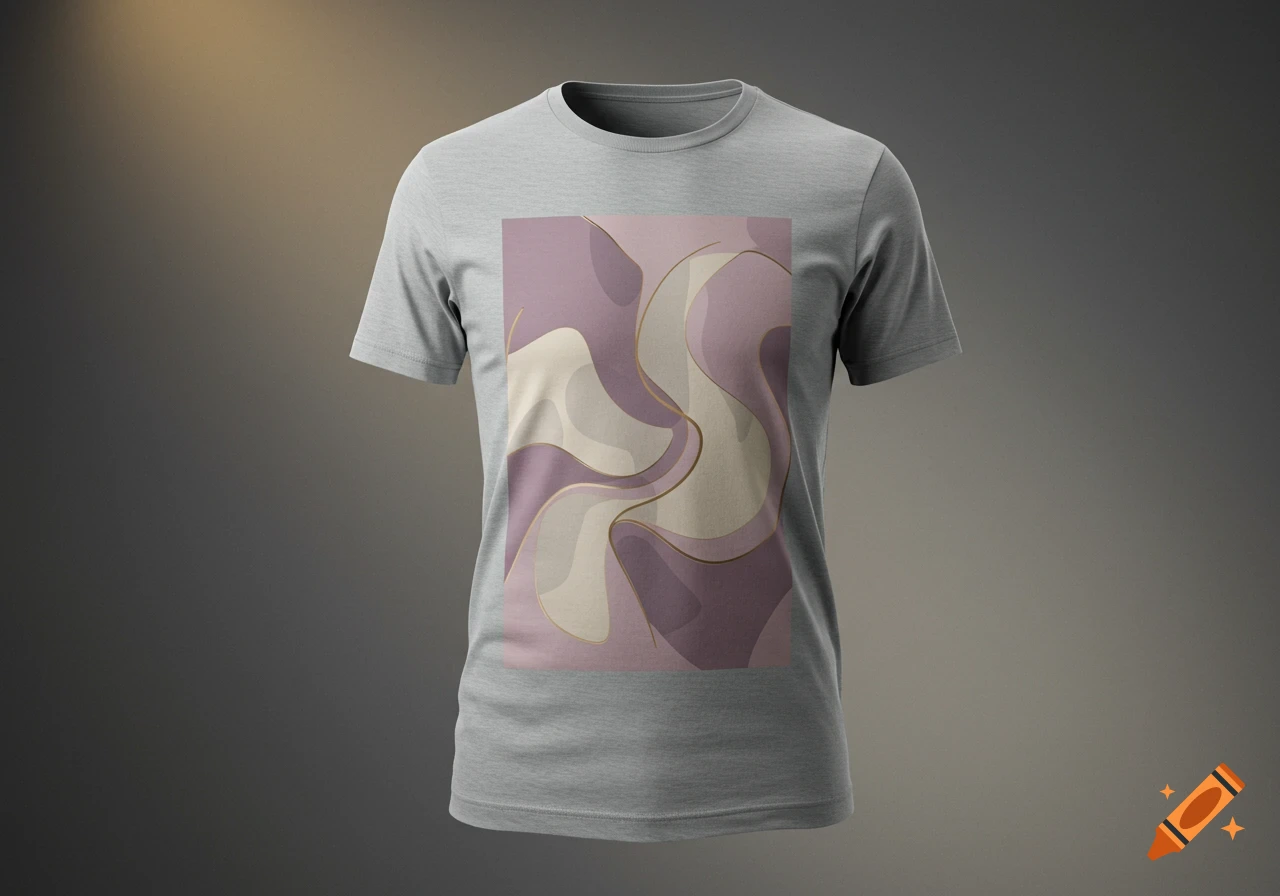 A grey t-shirt with an abstract design featuring swirling shapes in shades of purple, beige, and gold on a dark background.