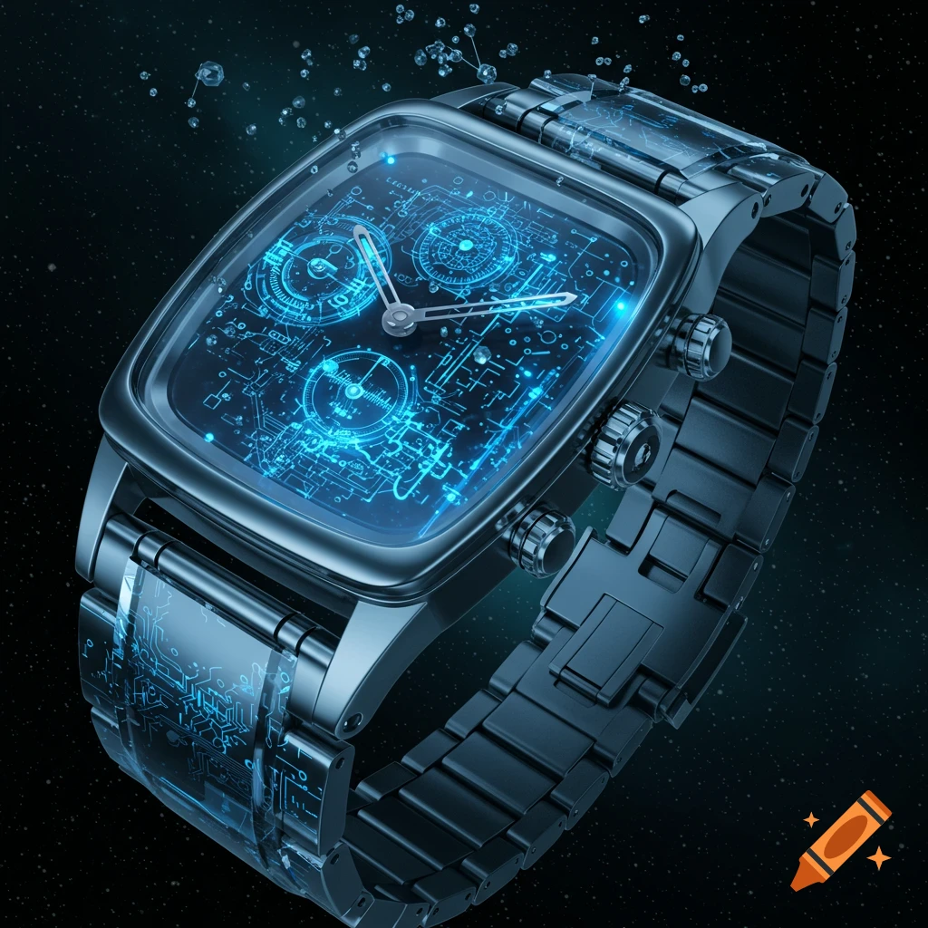 A futuristic digital watch with a glowing blue circuit board display and a metallic band, set against a dark, starry background.