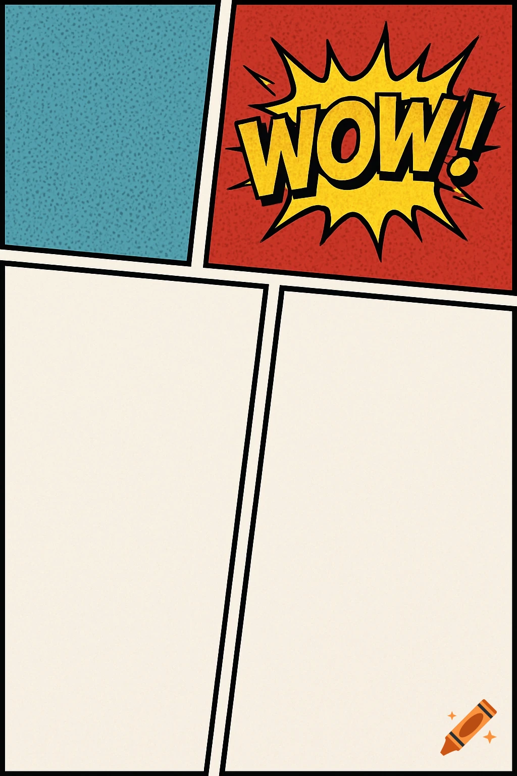 A comic book panel featuring a red background with a yellow starburst containing the word 'WOW!' in bold lettering, alongside blank panels.