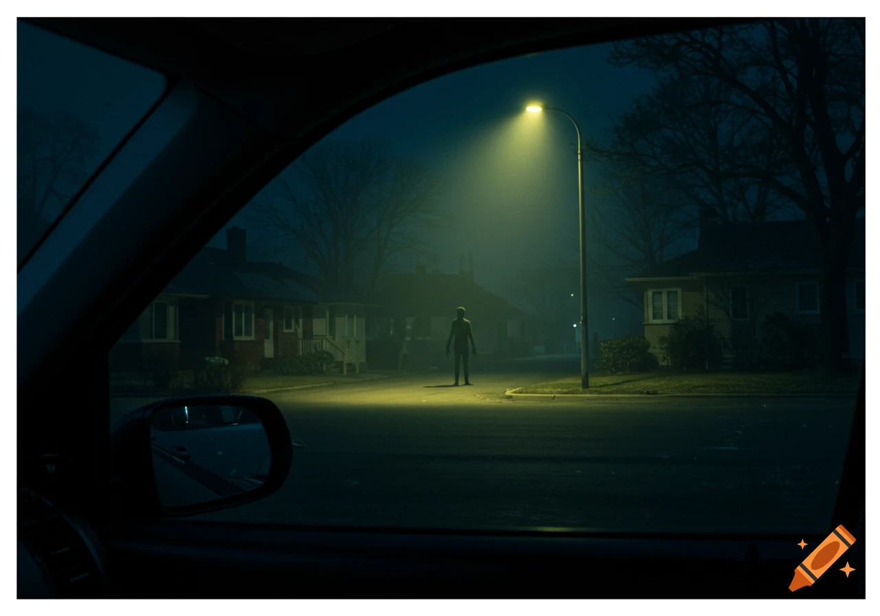 A tall, dark figure stands silhouetted under a street light on a foggy suburban street at night, viewed from inside a car.