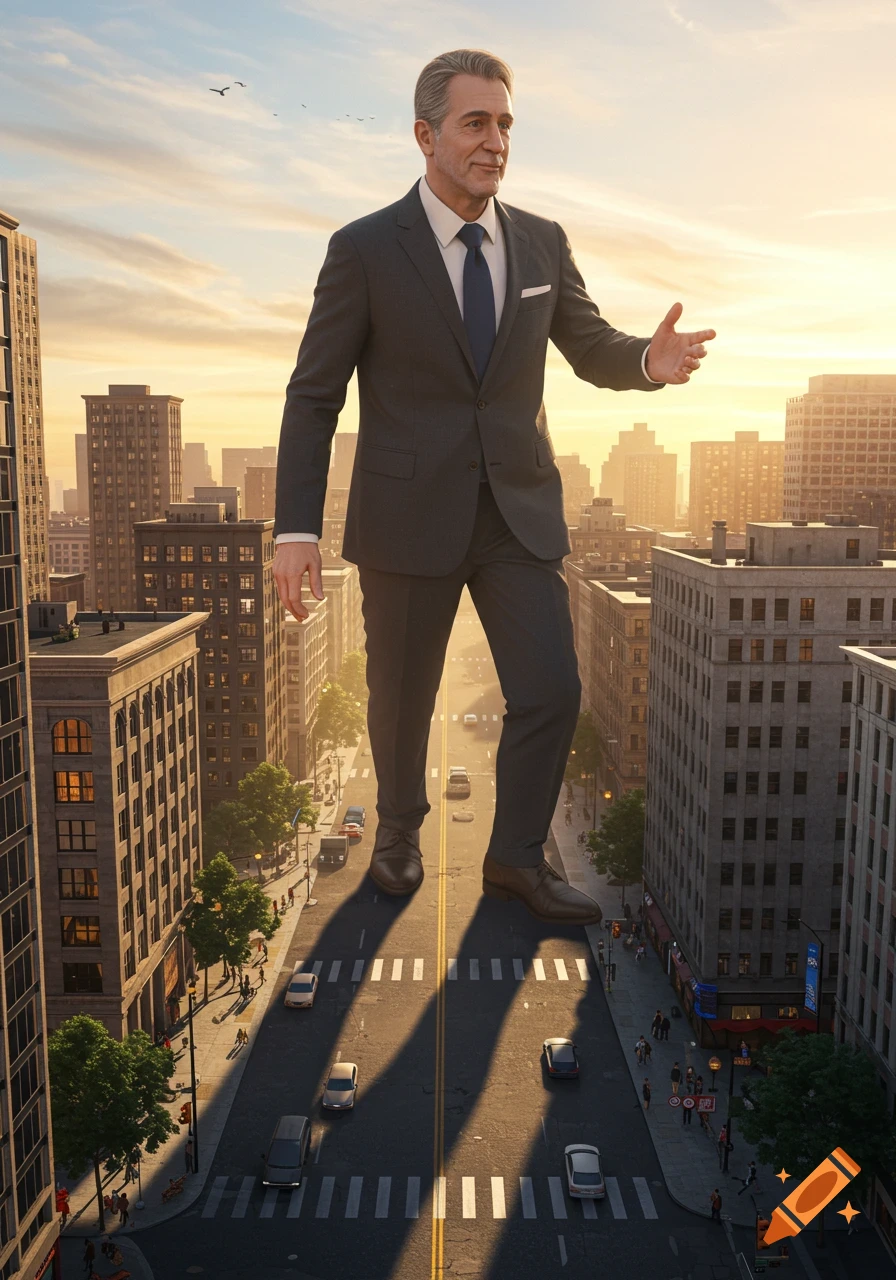 A giant man in a suit walks down a city street, dwarfing buildings and cars, under an orange sunset sky. Photorealistic.