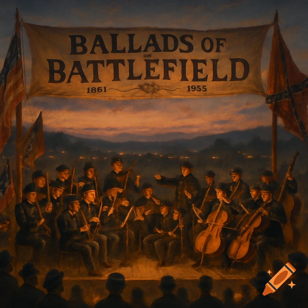 A painterly image of a musical performance at dusk with men in Civil War-era uniforms playing instruments on a stage under a banner that reads "Ballads of Battlefield 1861 1955", with American and Confederate flags.