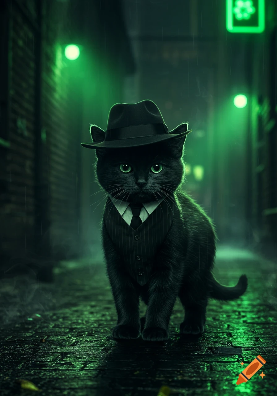 A black cat in a pinstripe suit and fedora stands on a wet, neon green-lit city alley, looking forward.