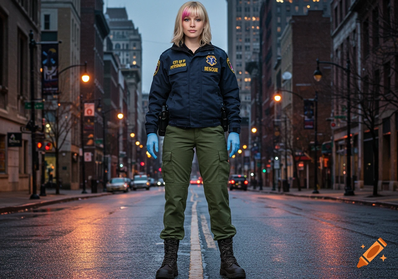 A woman in a blue rescue jacket, green cargo pants, and blue gloves stands on a wet city street at dusk.