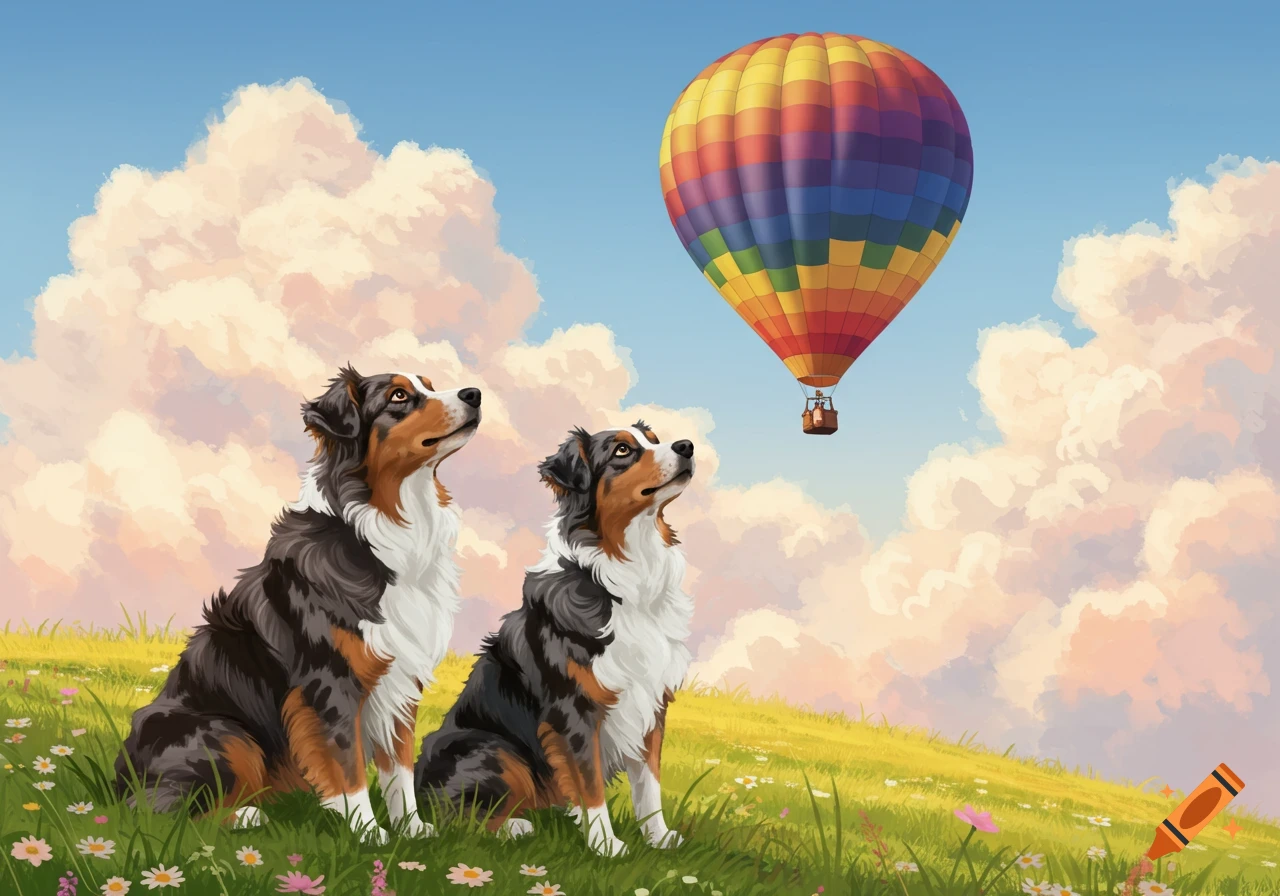 Two Australian Shepherds sit in a grassy field, looking up at a colorful hot air balloon in a bright sky with clouds, in a painterly style.