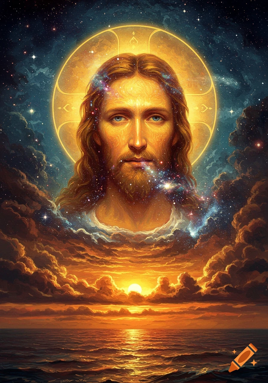 A surreal painting of Jesus's head with a golden halo and cosmic stars, floating above an ocean at sunset with orange clouds.