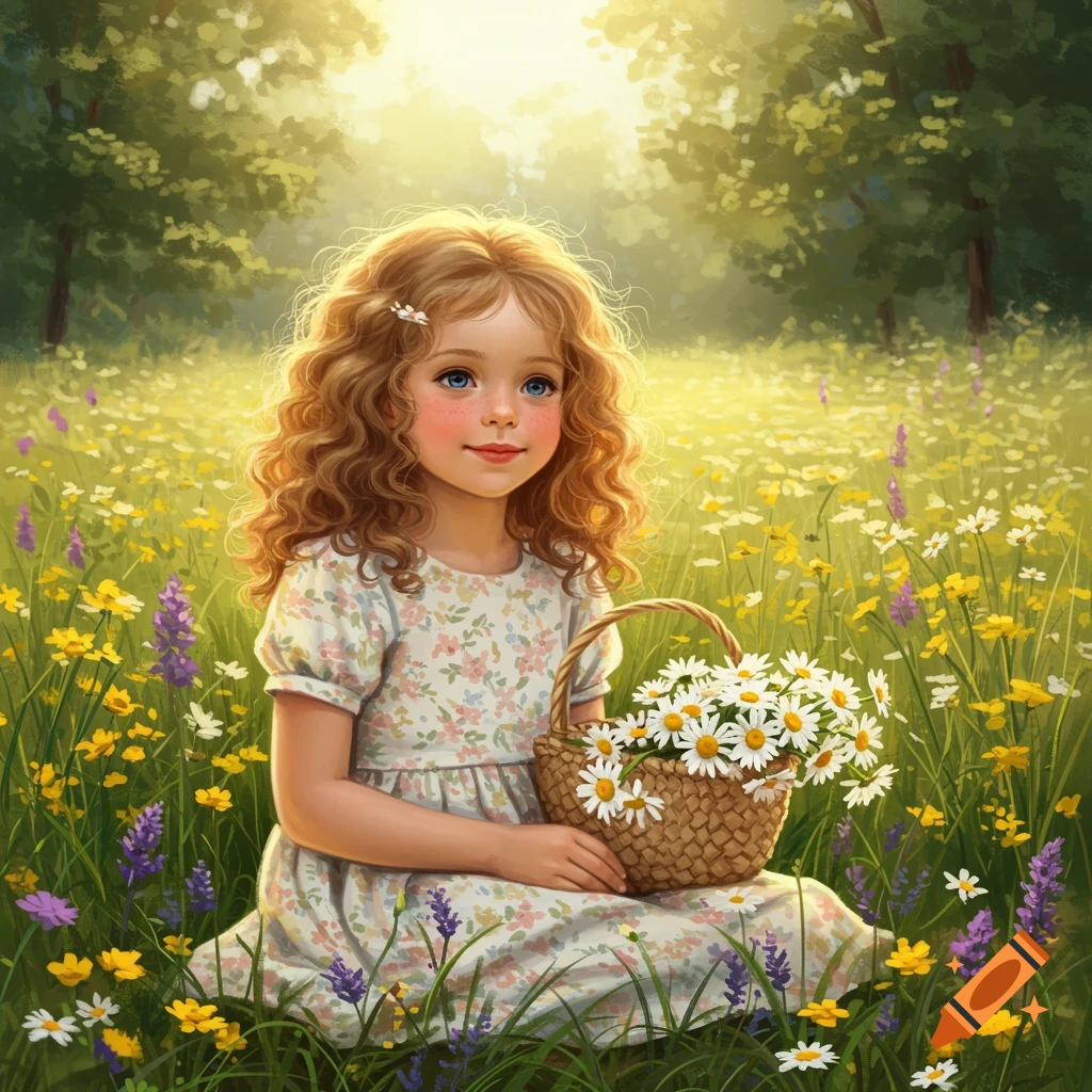 A young girl with curly hair sits in a sunny meadow filled with wildflowers, holding a woven basket full of daisies.