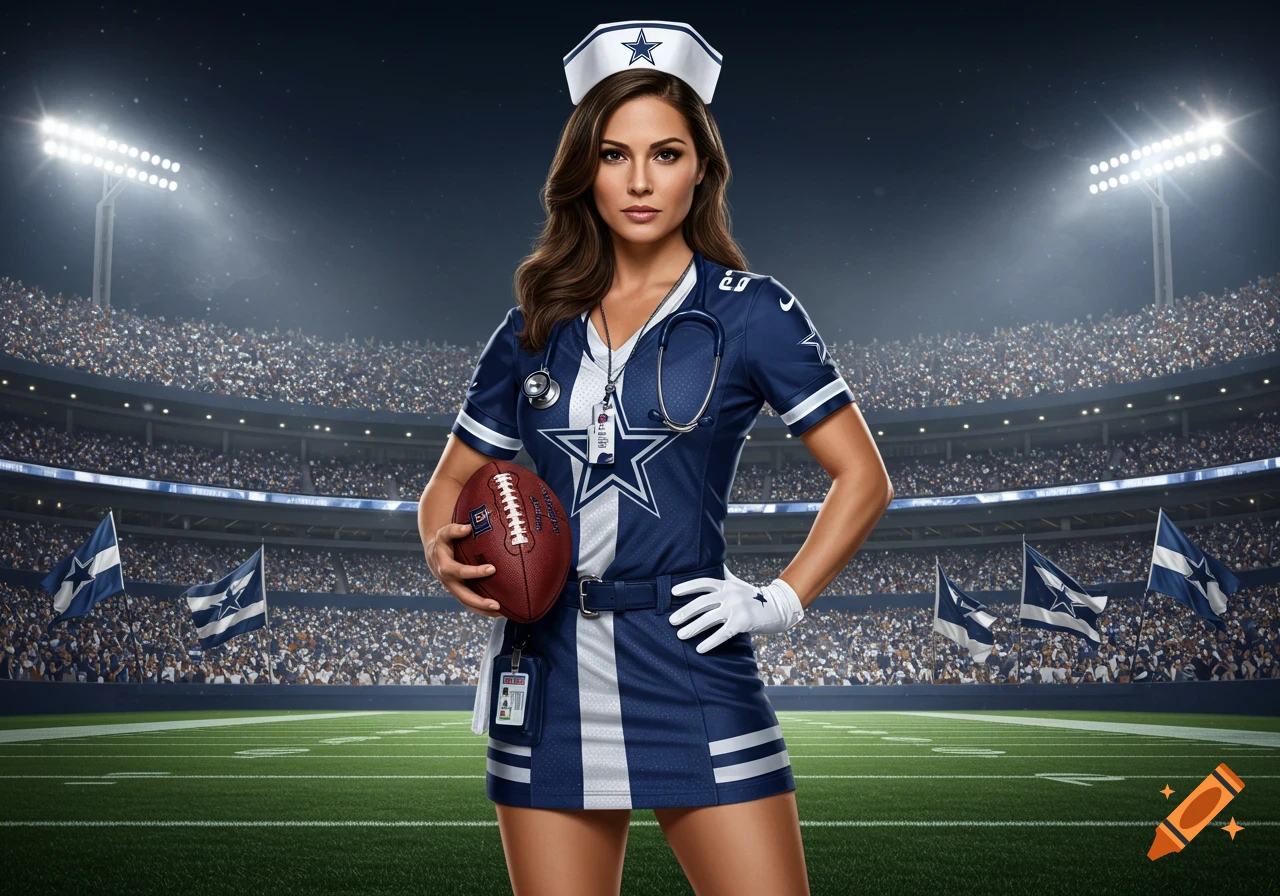 A photorealistic image of a woman in a Dallas Cowboys nurse uniform holding a football, standing on a football field in a stadium at night.