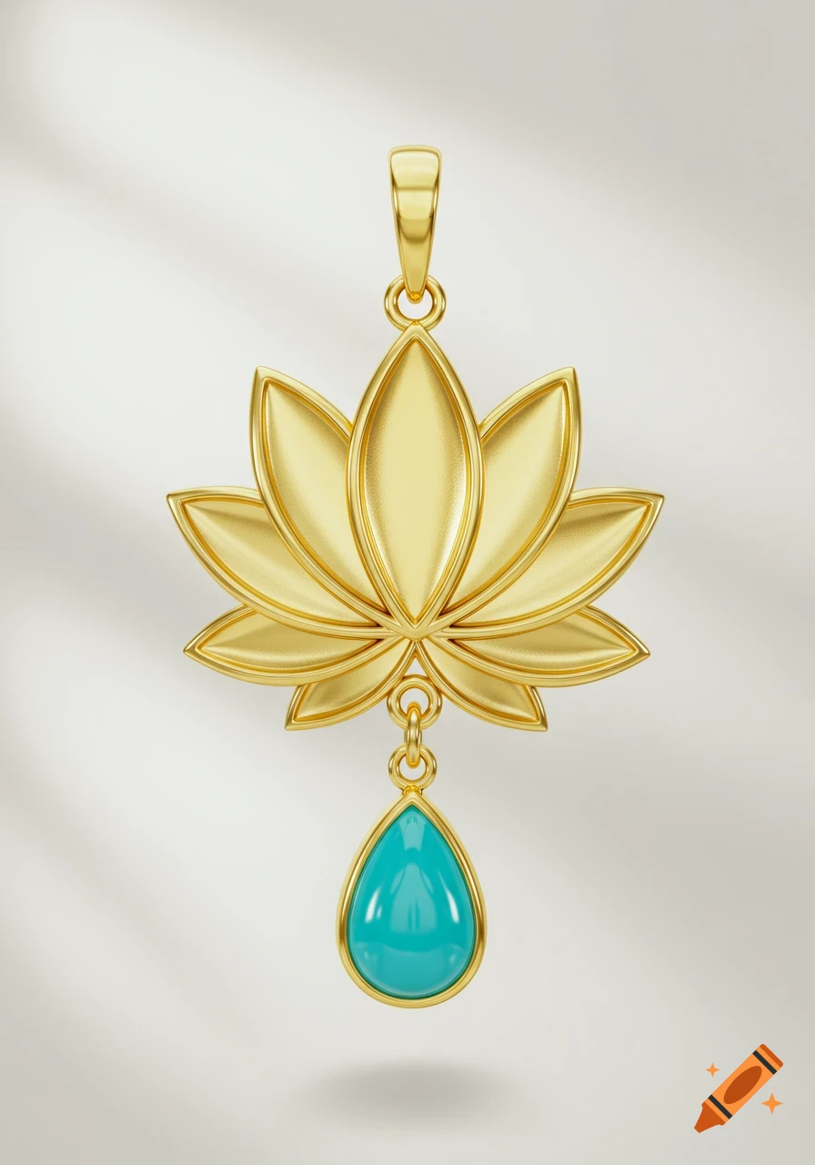 A golden lotus flower pendant with a dangling turquoise teardrop gemstone, set against a soft white background.