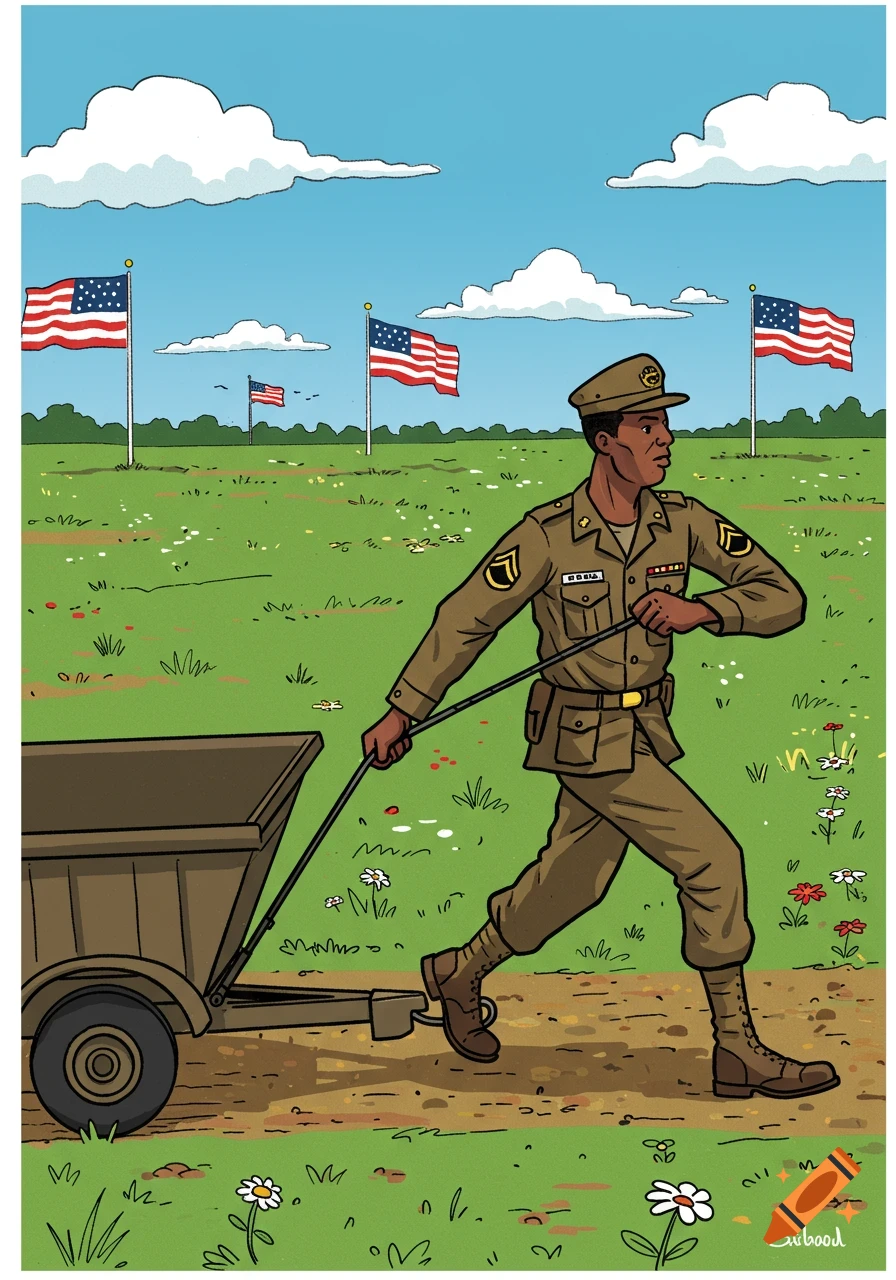 A cartoon illustration of a US Army soldier in a tan uniform pulling a dump trailer across a green field under a blue sky with white clouds. Three American flags are visible in the background.