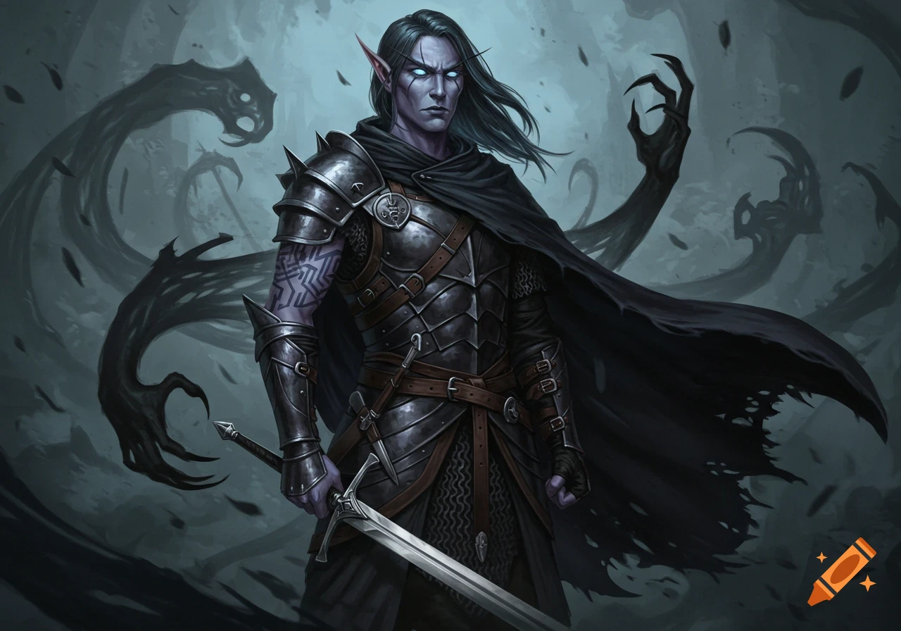 A dark elf warrior in intricate armor and a flowing cape, holding a sword, surrounded by shadowy tendrils. His eyes glow blue.