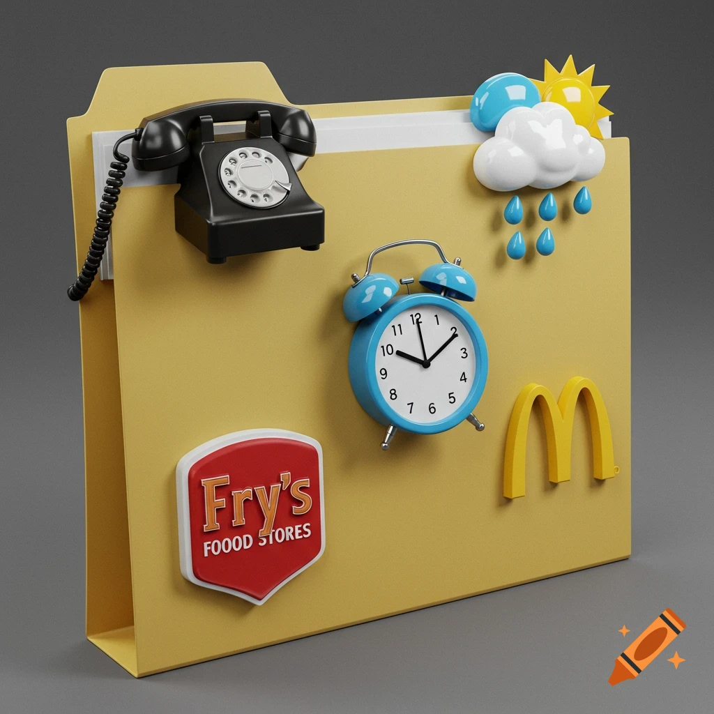 A photorealistic image of a manila folder with 3D-style icons: a black rotary phone, a weather icon with sun, cloud, and raindrops, a blue alarm clock, Fry's Food Stores logo, and McDonald's golden arches.