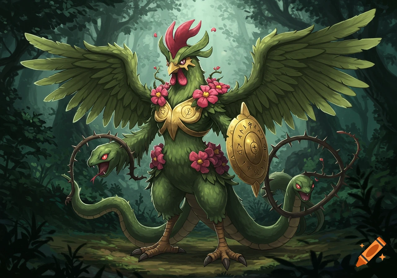 A majestic green rooster-like creature with large wings, snake legs ending in snake heads, a gold breastplate, and pink flowers, holding a shield and thorned whips, stands in a dark forest.