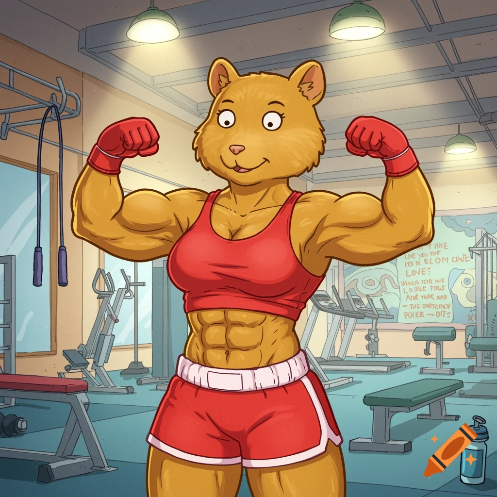 A muscular, anthropomorphic bear-like character in red boxing gear flexing in a gym.