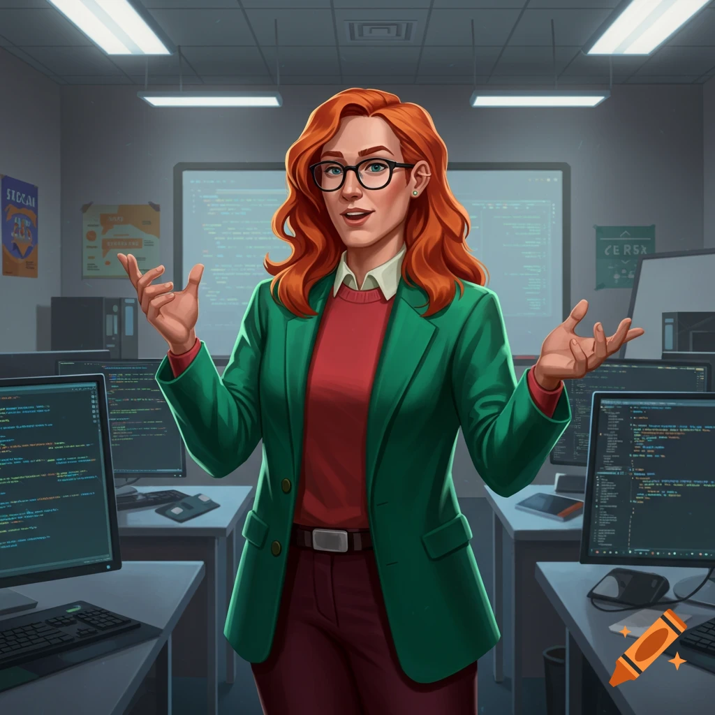 Illustrative portrait of a red-haired woman with glasses in a green blazer, standing in a computer lab with screens displaying code.