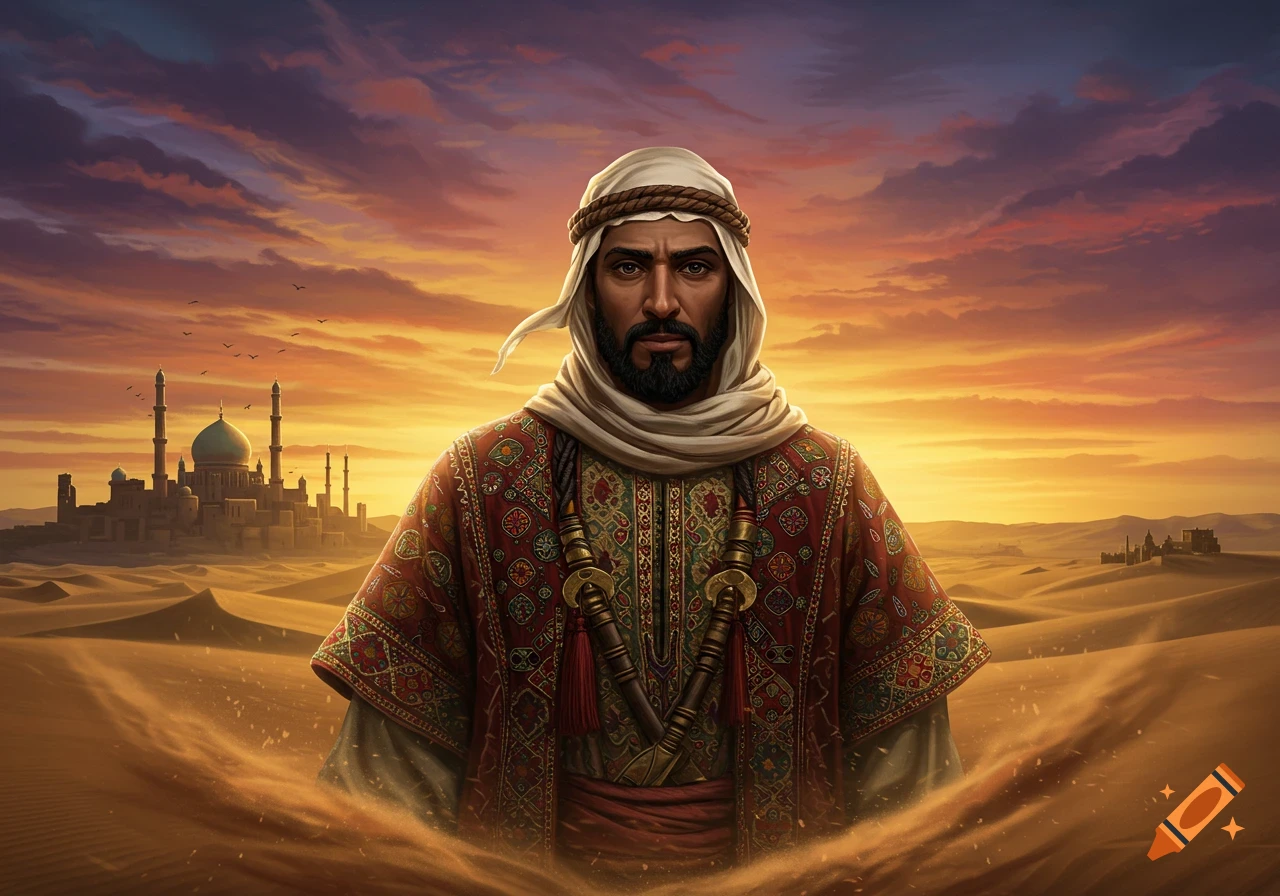 A man in traditional Middle Eastern attire stands in a desert with a city and sunset sky in the background, in a painted style.