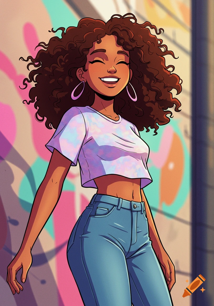 A smiling cartoon woman with curly brown hair and hoop earrings, wearing a tie-dye crop top and jeans, stands in front of a colorful graffiti wall.