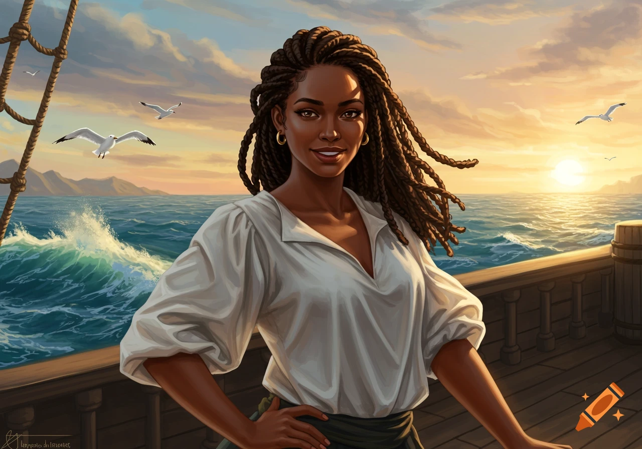 A confident Black woman with braids in a white pirate shirt stands on a ship deck at sunset over a wavy ocean with seagulls.