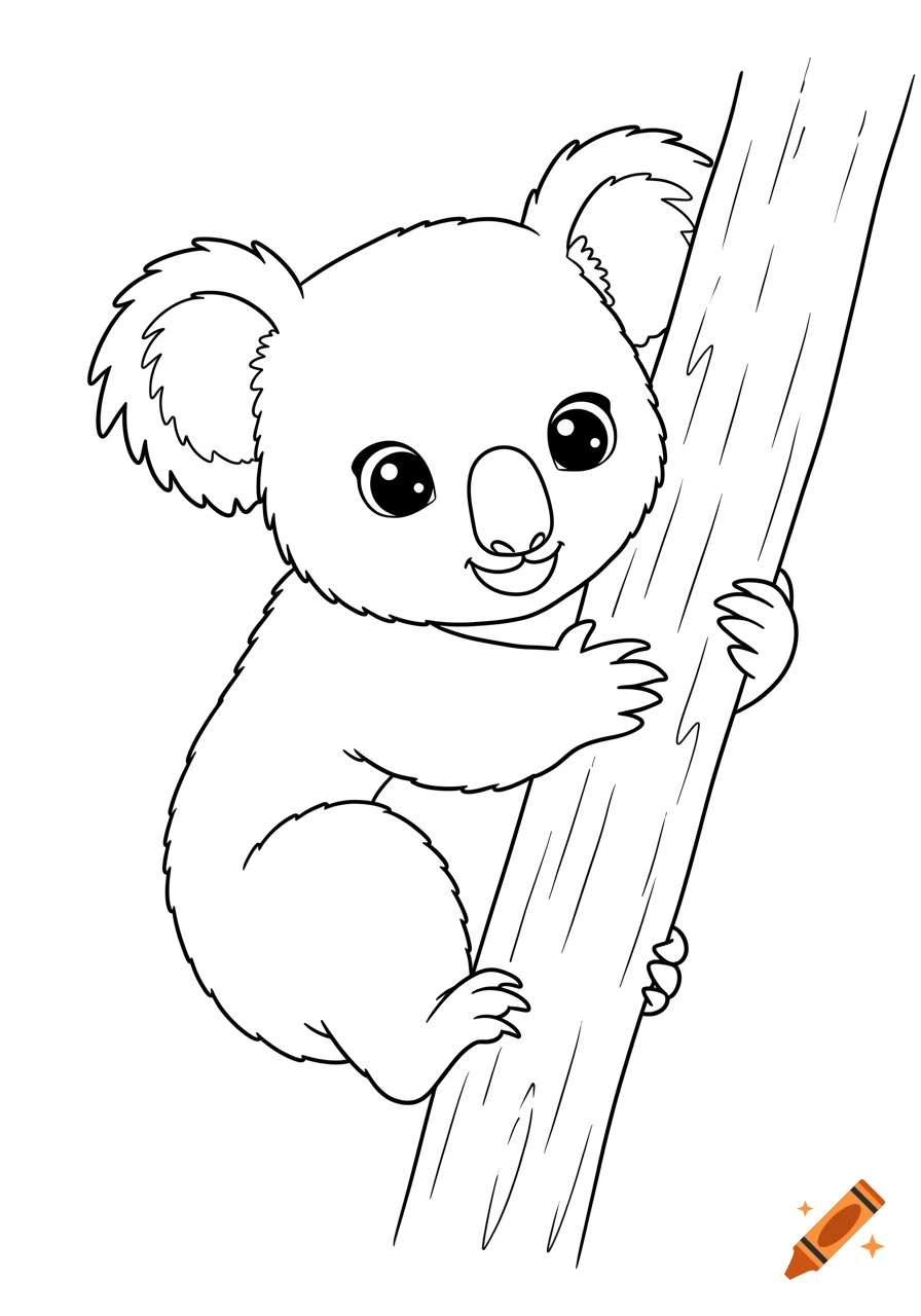A cute cartoon baby koala with big eyes clinging to a tree branch, presented as a black and white line art coloring page.
