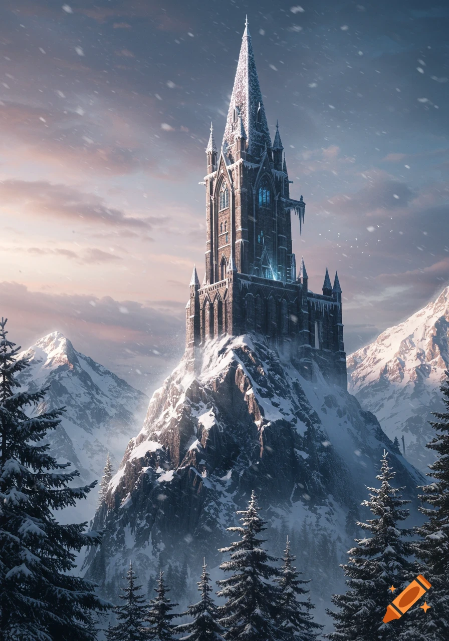 A majestic, gothic-style tower covered in snow stands on a jagged, snow-capped mountain peak, surrounded by snowy mountains and pine trees under a cloudy sky.