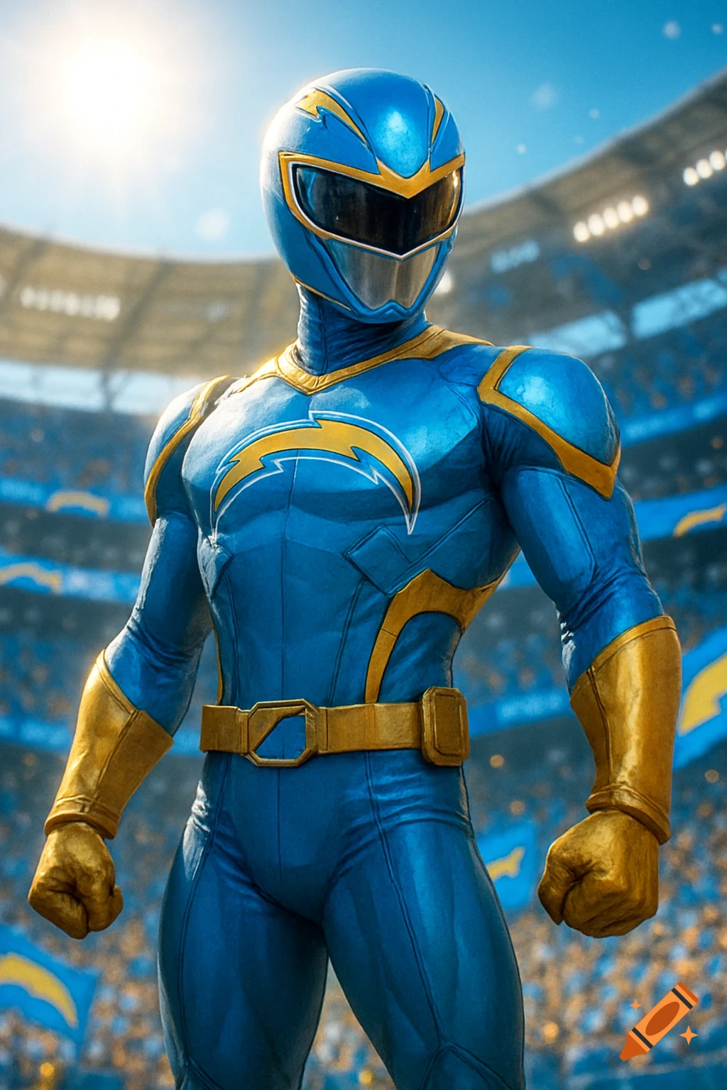 A blue and gold superhero in a stadium, with a lightning bolt logo on the chest, reminiscent of a Power Ranger.