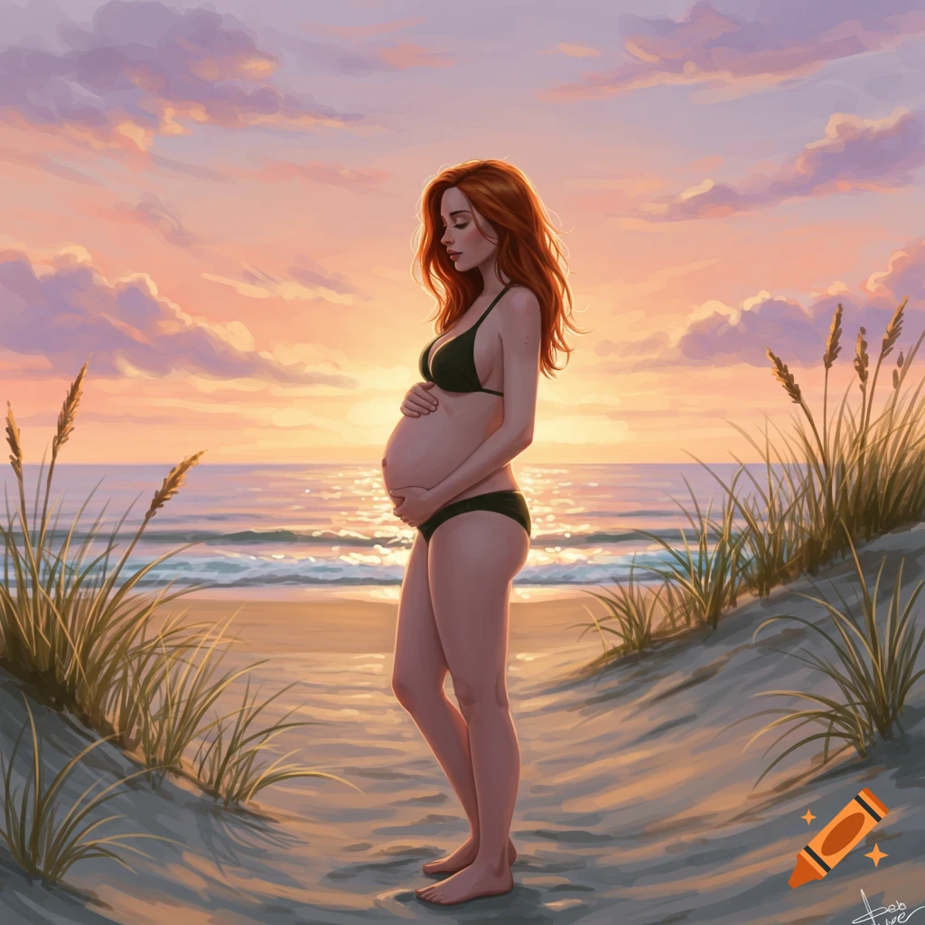 An artistic depiction of a pregnant woman with red hair in a black bikini, standing on a beach at sunset, cradling her belly.