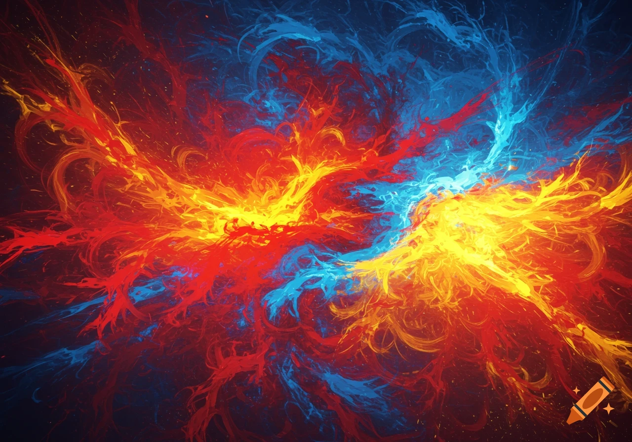 Vibrant abstract digital art with swirling patterns of red, orange, yellow, and blue colors.