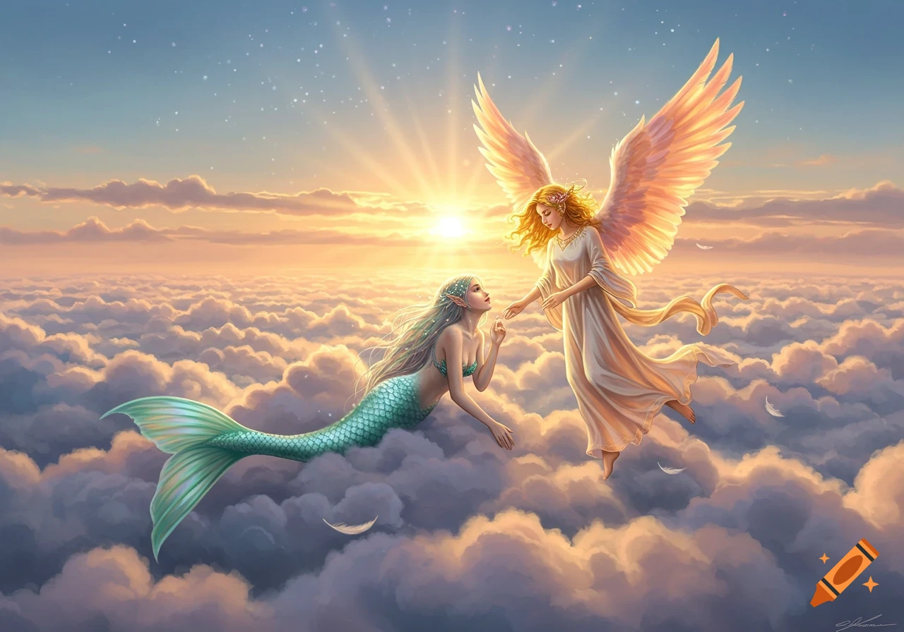 A mermaid and an angel meet in a vibrant sky filled with clouds during sunset.