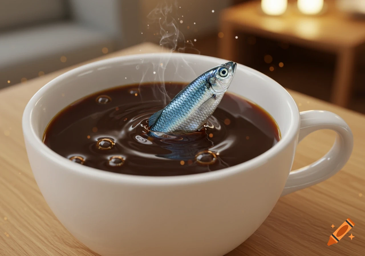 A small silver fish with blue scales jumps out of a white mug filled with steaming dark coffee on a wooden table, with reflections and ripples in the liquid.