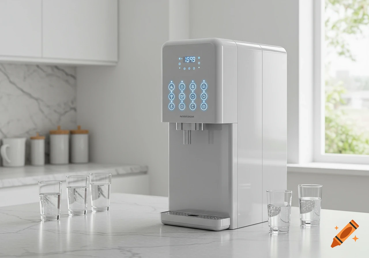 A white home water purifier with a digital display and blue illuminated buttons sits on a marble counter in a modern kitchen with glasses of water.