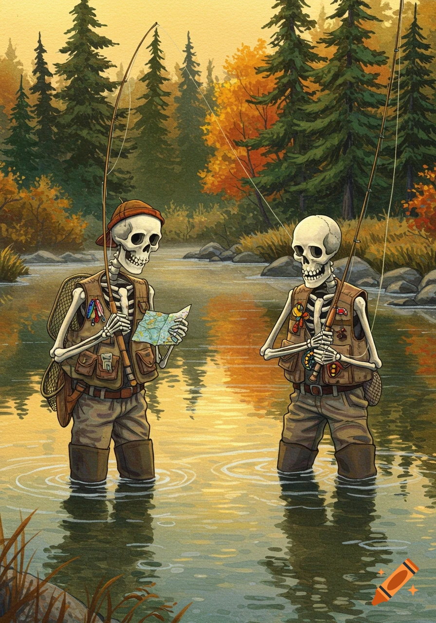 Two skeletons in fly fishing vests stand in a river with fishing rods, surrounded by autumn trees, in an illustrative style.